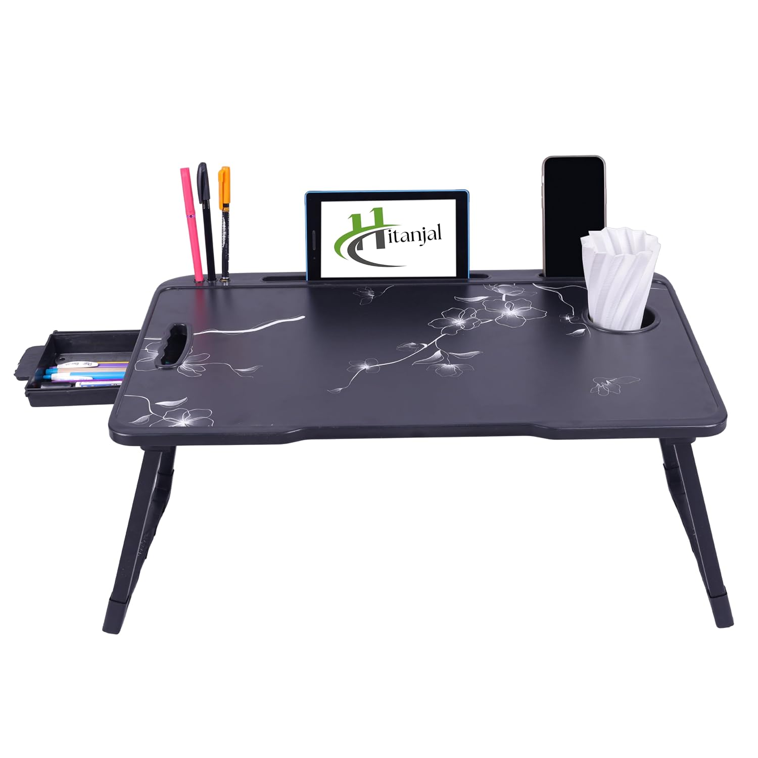 6196ZIZRgPL._SL1500_.jpg Foldable Wooden Mini Laptop Table for Bed, Study Table with Drawer, Tablet/Mobile Holder for Kids & Adults (HJ Flower) - Image 1