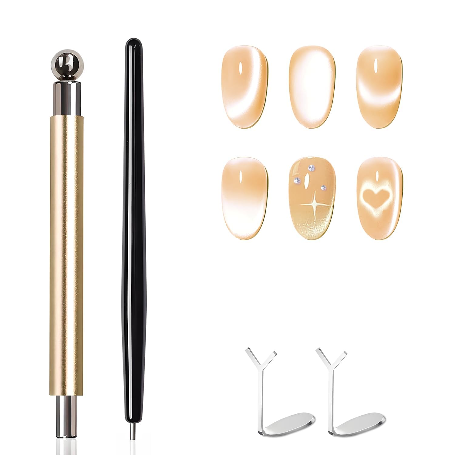 619FZMSIebL._SL1500_.jpg Bluedeal 4-Piece Cat Eye Magnet Set for Nail Art, Gold Nail Magnet, Heart-Shaped Magnet, Black Bead Cat Eye Effect Tool, Magnetic Pen for Gel Polish (Gold) - Image 1