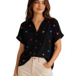 TAGAS Women's Floral Embroidered Shirt||Elegant Short Sleeve Shirts for Casual & Office Wear | Stylish Summer Button-Down Shirt for Girls & Women| Women Top's || Shirt for Womens|| Women wear|