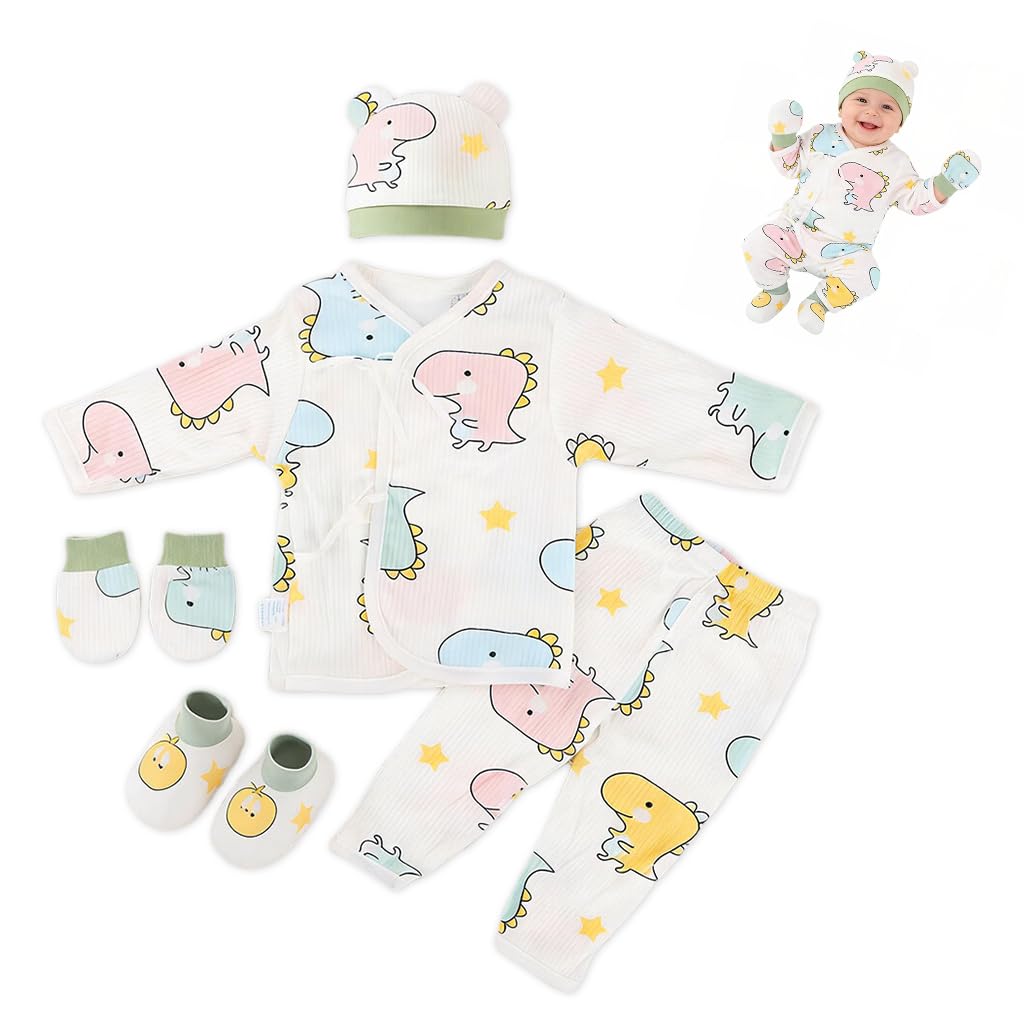 61AW1A5qTbL._SL1024_.jpg SNOWIE SOFT® 5Pcs Set Dinosaur New Born Baby Clothes 0-3 Months with Cotton Long Sleeve Top and Pants, Gloves, Socks, Bear Ear Hat, Infant Clothes 0-3 Months New Born Baby Gifts Shower Gift - Image 1