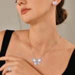 SANNIDHI® 4 Pcs Jewellery Set for Women Girls Crystal Butterfly Chain Pendant Necklace Adjustable Finger Rings Studs Earrings Stylish Necklace Set Valentine Birthday Gift for Women, Girls - Image 4