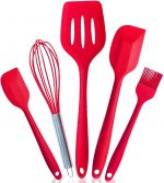 Silicone Kitchen Utensil 5 PCS Silicone Non-Stick Cookware Baking Full Set Shovel Silicone Shovel Oil Brush Egg Beater Cooking Spoon Shovel Cooking Kitchenware Red