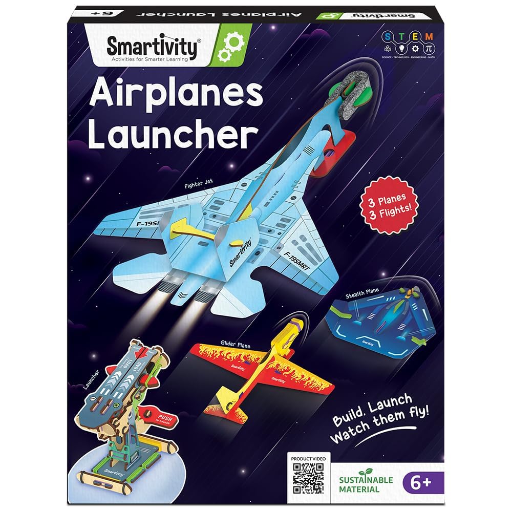 61Dn4u0UL._SL1000_.jpg Smartivity 3in1 Aeroplanes Launcher Toy for Kids 6-12 Years | Build & Launch Fighter Jet, Glider & Stealth Planes | DIY STEM Toy | Birthday Gift for Boys & Girls 6-12 Years - Image 1