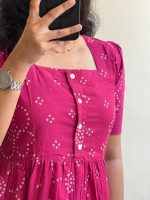 Women's Pink Bandhani Print Tiered Maxi Dress, Short Sleeve, Square Neck, Cotton - Image 4