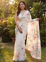 Women's linen Cotton Saree | White Floral cotton Linen Digital Prints Saree | Unstitched Blouse Piece - Image 4