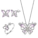 SANNIDHI® 4 Pcs Jewellery Set for Women Girls Crystal Butterfly Chain Pendant Necklace Adjustable Finger Rings Studs Earrings Stylish Necklace Set Valentine Birthday Gift for Women, Girls