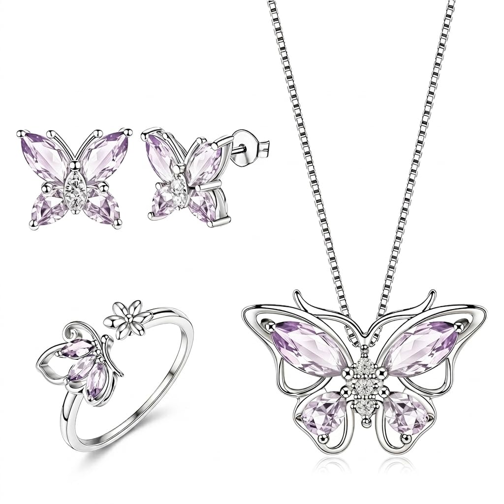 61FXTNHhbEL._SL1024_.jpg SANNIDHI® 4 Pcs Jewellery Set for Women Girls Crystal Butterfly Chain Pendant Necklace Adjustable Finger Rings Studs Earrings Stylish Necklace Set Valentine Birthday Gift for Women, Girls - Image 1