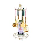 Golden Utensils Set with Stand 6 Hook Steel Cooking Tools Rack with Rotating Holder, Kitchen Ladle with for Home Cookware Set with Storage Stand, Kitchenware Sets