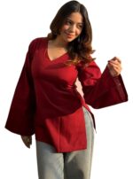 ANNI Designer Short Kurti for Women Latest Solid Design | V Neck Full Sleeve Kurti Tops for Women | Stylish Kurtis & Short Kurtis for Woman | Casual Kurti with Jeans | Kurtas for Woman