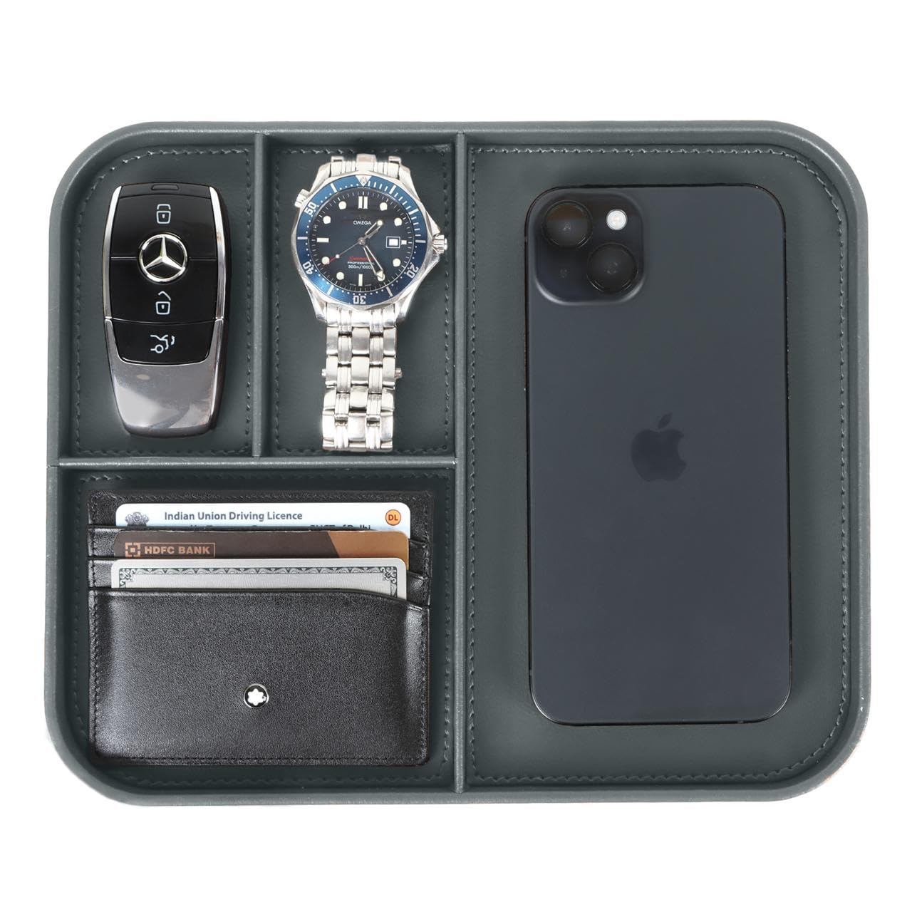 61G-j8zer1L._SL1280_.jpg V-CUBE Designs Premium Vegan Leather Valet Tray|Stylish & Modern Office Desk Tray| Table/Bedside/Entryway Organiser for everyday essentials like Keys, Phone, Watch, Wallet, Jewellery|Spill-Proof| Grey - Image 1