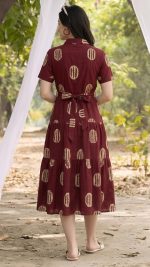 Bollyclues Women's Maroon Printed Midi Dress | Viscose Rayon Shirt Collar Dress with Waist Tie Belt | Short Sleeve Tiered A-Line Casual Summer Dress for Women - Image 2