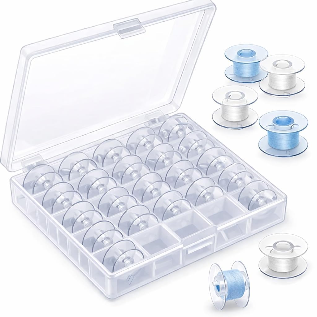 61GEIiKe1GL._SL1024_.jpg Sewing Machine Bobbin Set – 25 Transparent Plastic Bobbins with Storage Case, White - Image 1