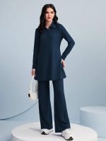 TADKEE Women's Solid Color Two-Piece Set | Long Sleeve Top & Wide Leg Pants Co-ord Set | Casual Wear Co ord Set - Image 3