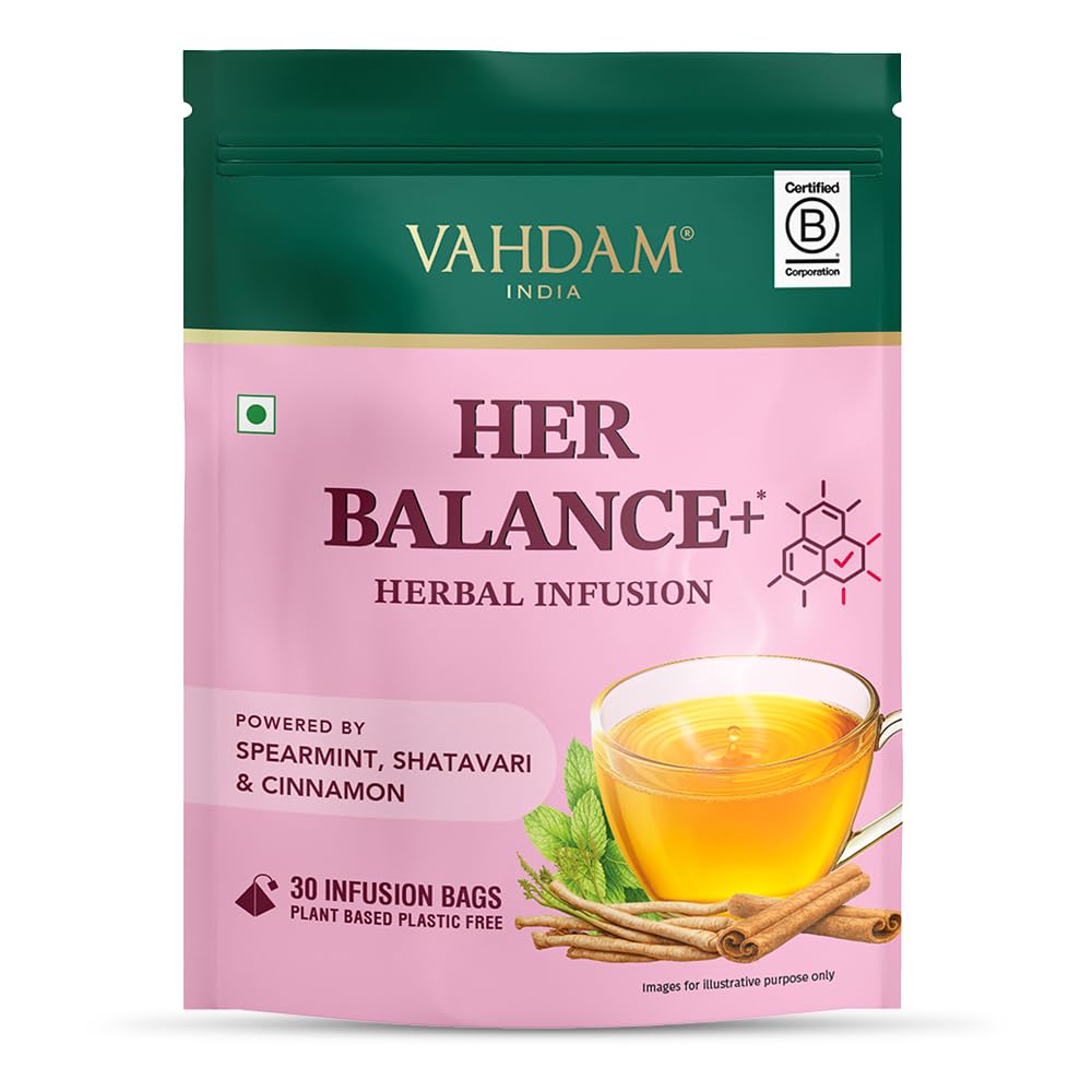61GwsrqTHYL._SL1000_.jpg VAHDAM Her Balance+ Herbal Infusion | Supports Menstrual & Hormonal Health | Powered by Spearmint, Shatavari & Cinnamon | Caffeine Free | Plant-Based | 30 Tea Bags - Image 1