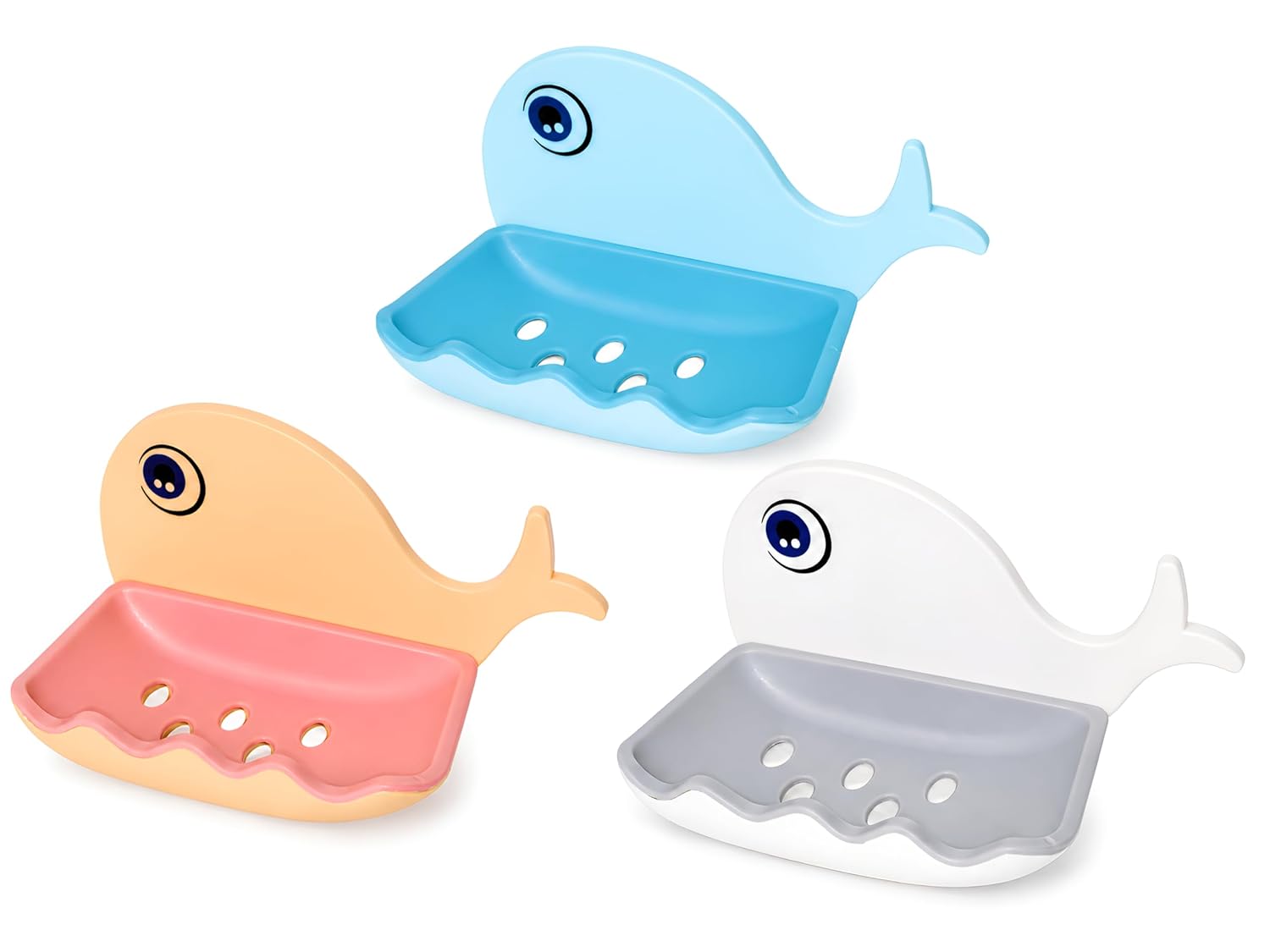 61HbTrj9gIL._SL1500_.jpg Fish Shape Soap Holder with Self-Drain Design | Soap Dish for Bathroom Sink, Kitchen & Shower | Non-Slip, Easy Clean Plastic Tray (Pack of 3) - Image 1