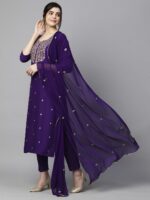 GoSriKi Women’s Cotton Blend Embroidered Kurta Set with Pant & Dupatta – Straight Calf‑Length, 3/4 Sleeve, Round Neck – Elegant Ethnic Attire (5 Colors, S–5XL) - Image 3