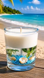 Glow Getter Handmade Gel Wax Candle with Real Seashells & Floral Design | Beach Theme Decorative Candle for Home, Office & Gifting | Aromatic Gel Candle in Glass Container (White B)