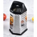 Stainless Steel 6 in 1 Box Grater and Slicer with Non-Slip Rubber Handle - Multi Purpose Cheese Grater, Vegetable Cutter, Fruit Shredder, Six-Sided Kitchen Grating Tool, 9.5 Inch