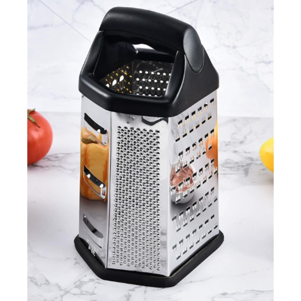 61IUoNRCsL._SL1000_.jpg Stainless Steel 6 in 1 Box Grater and Slicer with Non-Slip Rubber Handle - Multi Purpose Cheese Grater, Vegetable Cutter, Fruit Shredder, Six-Sided Kitchen Grating Tool, 9.5 Inch - Image 1