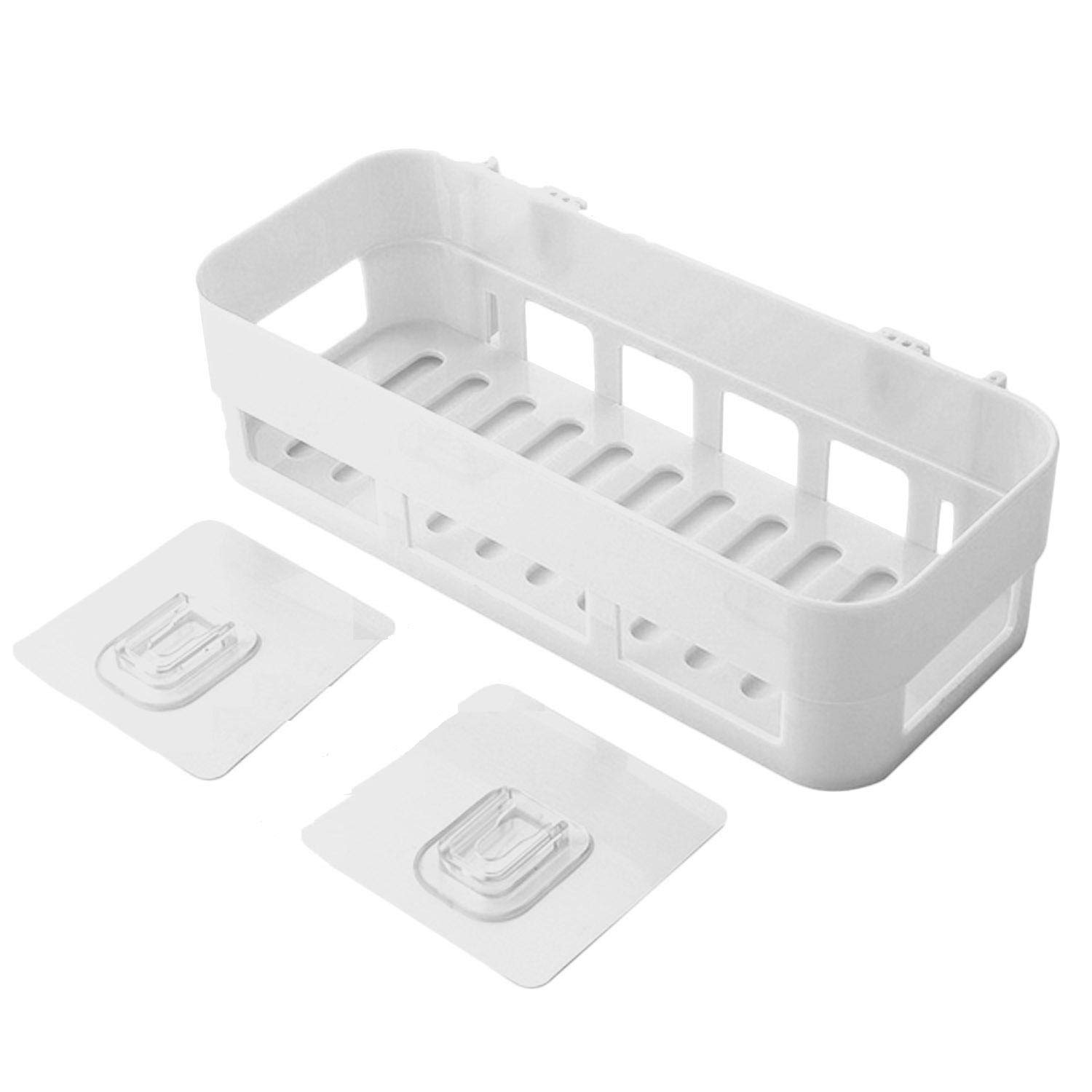 61IiB8JfjYL._SL1500_.jpg Self-Adhesive Plastic Bathroom Wall Shelf Basket with Drain Holes, No Drill Rectangular Storage Rack for Shampoo Soap Organiser, White Pack of 2 - Image 1