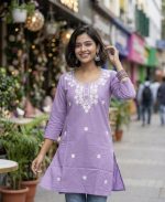 Women’s Short Kurti Floral Embriodery Ethnic Top 3/4 Sleeves Comfortable Regular Fir Kurta for Jeans Leggings Casual Summer Traditional Office Outfits for Girls - Image 3