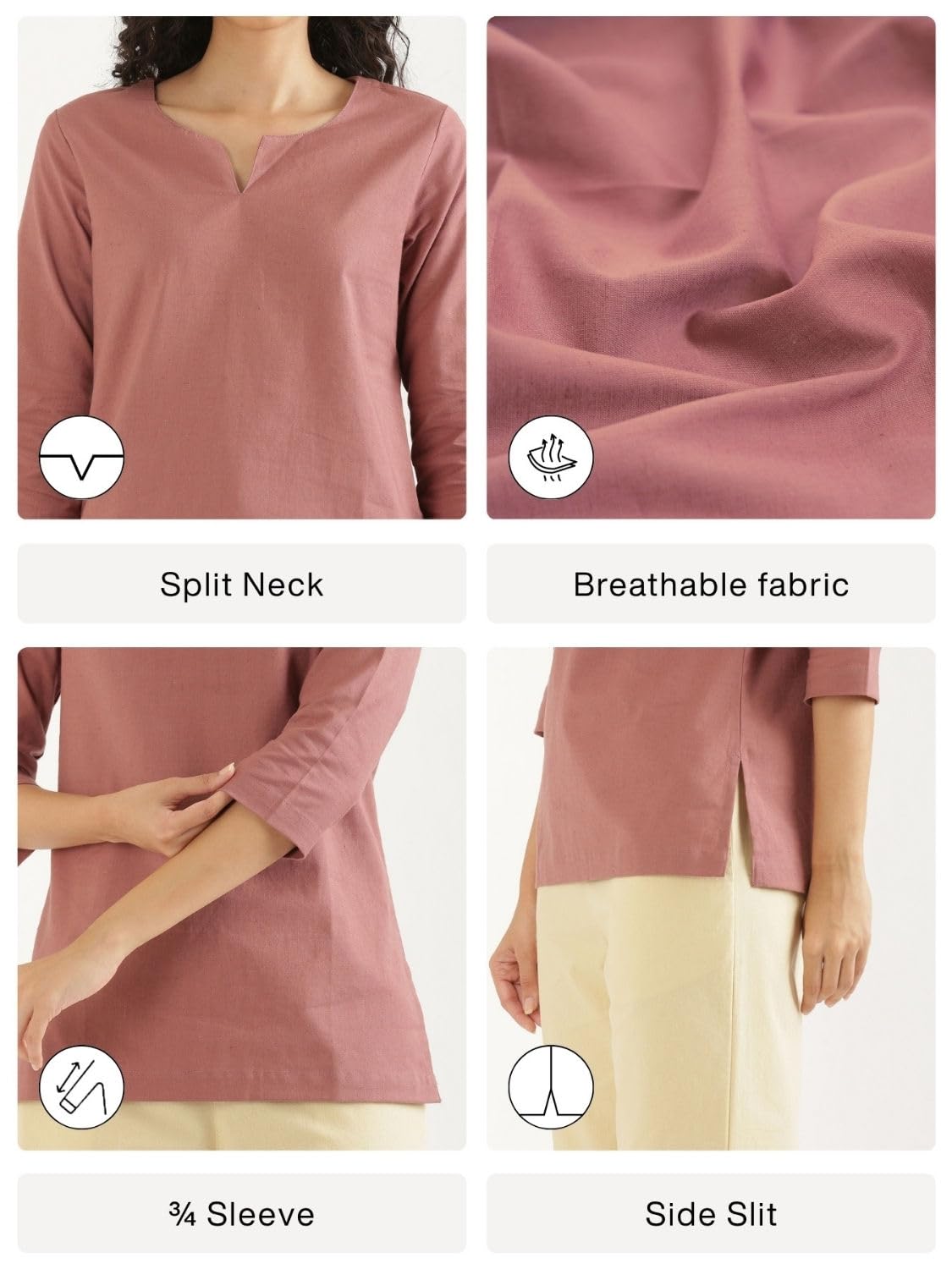 61JgIWZVU-L._SL1500_.jpg SAADAA Airy Linen Split Neck Short Kurta for Women | Casual & Office Wear | 3/4 Sleeves, Comfortable Fit | Elegant Top | Lightweight & Breathable Fabric | - Image 1