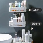 Wall Mounted Bathroom Shelf Organizer, (Pack of 2) Self-Adhesive Plastic Shower Caddy with Drain Holes, Multi-Compartment Toiletry Holder for Toothbrush and Skincare, White Storage Rack - Image 5