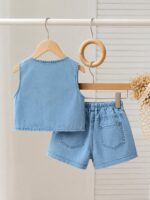 Baby Girls Denim Co-Ord Set | Sleeveless Embroidered Cherry Top & Shorts Set for Kids | Soft Denim Fabric Casual Summer Outfit for Girls (2 Piece Set) - Image 4