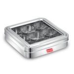 AVIAS 9 Square Stainless Steel Masala Box for Kitchen, Spice Box with See-Through Lid, 9 Containers Masala Dani/Dabba, Dry Fruit Organiser, Food Grade Rust-Free Steel, Plain Large 25.4cm, Silver