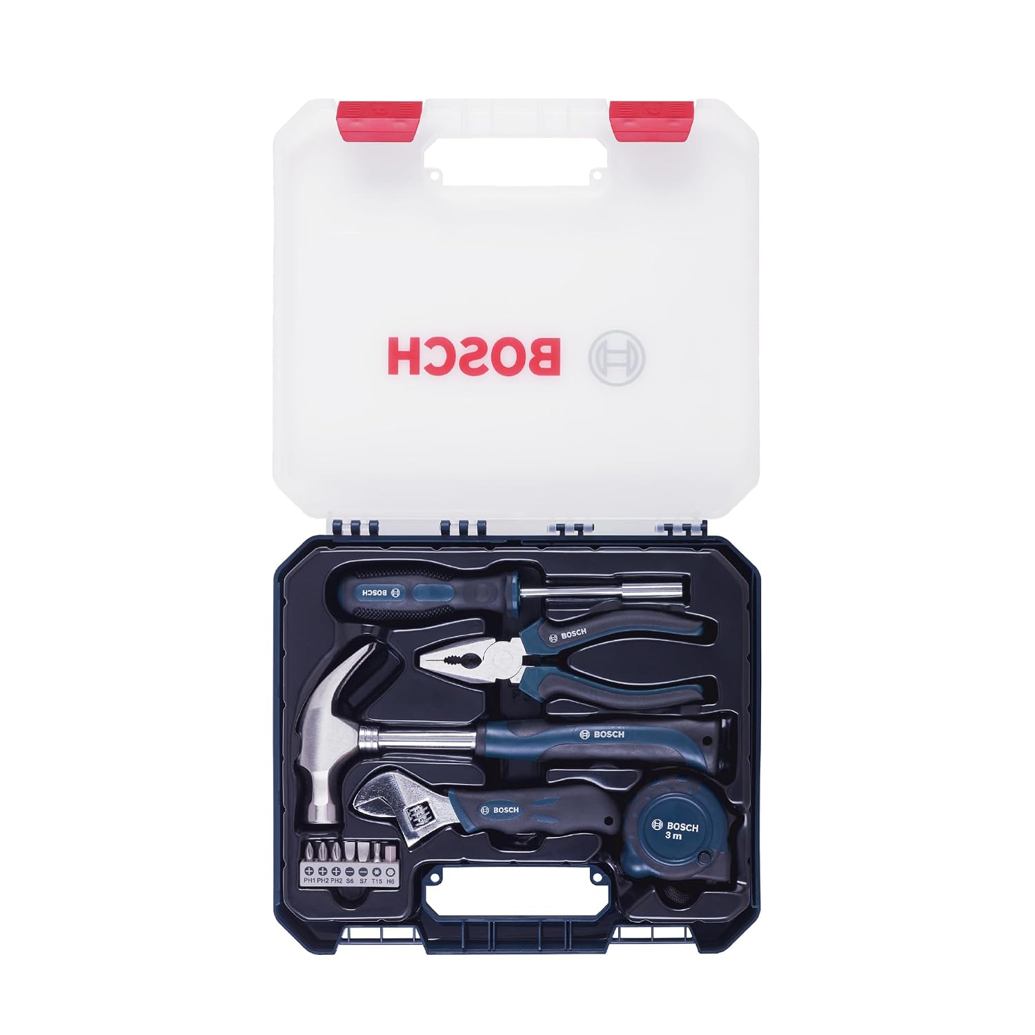 61KJwufouGL._SL1500_.jpg BOSCH 12-Piece Hand Tool Kit for Home | Screwdriver, Plier, Wrench & More | Professional Precision Tools | Ergonomic & Rust-Resistant | Hard Case | Blue - Image 1