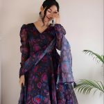 Elegant Botanical Print Flared Anarkali Dress with Sheer Dupatta and Full Sleeves Chic Floral Print Pleated Dress with Sheer Neckline and Long Sleeves