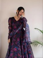 Elegant Botanical Print Flared Anarkali Dress with Sheer Dupatta and Full Sleeves Chic Floral Print Pleated Dress with Sheer Neckline and Long Sleeves