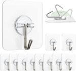 Zulaxy Hanging Hooks Without Drilling, 10 Pack Self Adhesive Hooks for Wall Heavy Duty Strong Nail Free, Kitchen Accessories Items (Hanging Hook, Transparent) Stainless Steel