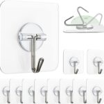 Zulaxy Hanging Hooks Without Drilling, 10 Pack Self Adhesive Hooks for Wall Heavy Duty Strong Nail Free, Kitchen Accessories Items (Hanging Hook, Transparent) Stainless Steel
