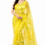 Jogal Women's Floral Designer Hand Brush Painted Zari Organza Saree with Unstitched Blouse Piece