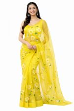 Jogal Women's Floral Designer Hand Brush Painted Zari Organza Saree with Unstitched Blouse Piece