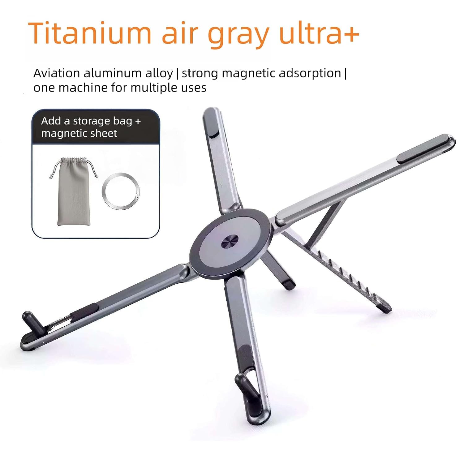 61L9g4bshqL._SL1500_.jpg Foldable Magnetic Laptop Stand, 4 in 1 Adjustable Portable Aluminum Laptop Riser for Desk, Ergonomic Notebook Holder Compatible with Laptops, Tablets & Smartphones - Image 1