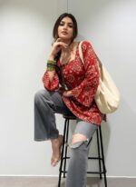 ANNI Designer Women’s Viscose Blend Printed Short Kurti | Straight Fit Casual Ethnic Top | Square Neck Full Sleeve Kurta Office College - Image 5