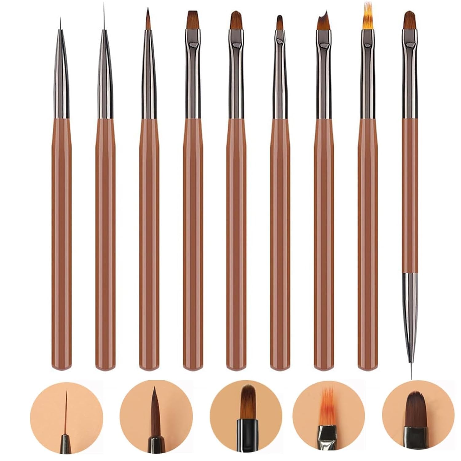 61MPYqPWs8L._SL1500_.jpg Nail Art Brush Set, Builder Painting Design Detail Drawing Brushes Dotting Pen Double-Ended French Liner For Gel Polish Manicure Tools Acrylic Home DIY Salon Use Women Brown - Image 1