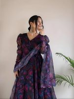 Elegant Botanical Print Flared Anarkali Dress with Sheer Dupatta and Full Sleeves Chic Floral Print Pleated Dress with Sheer Neckline and Long Sleeves - Image 3