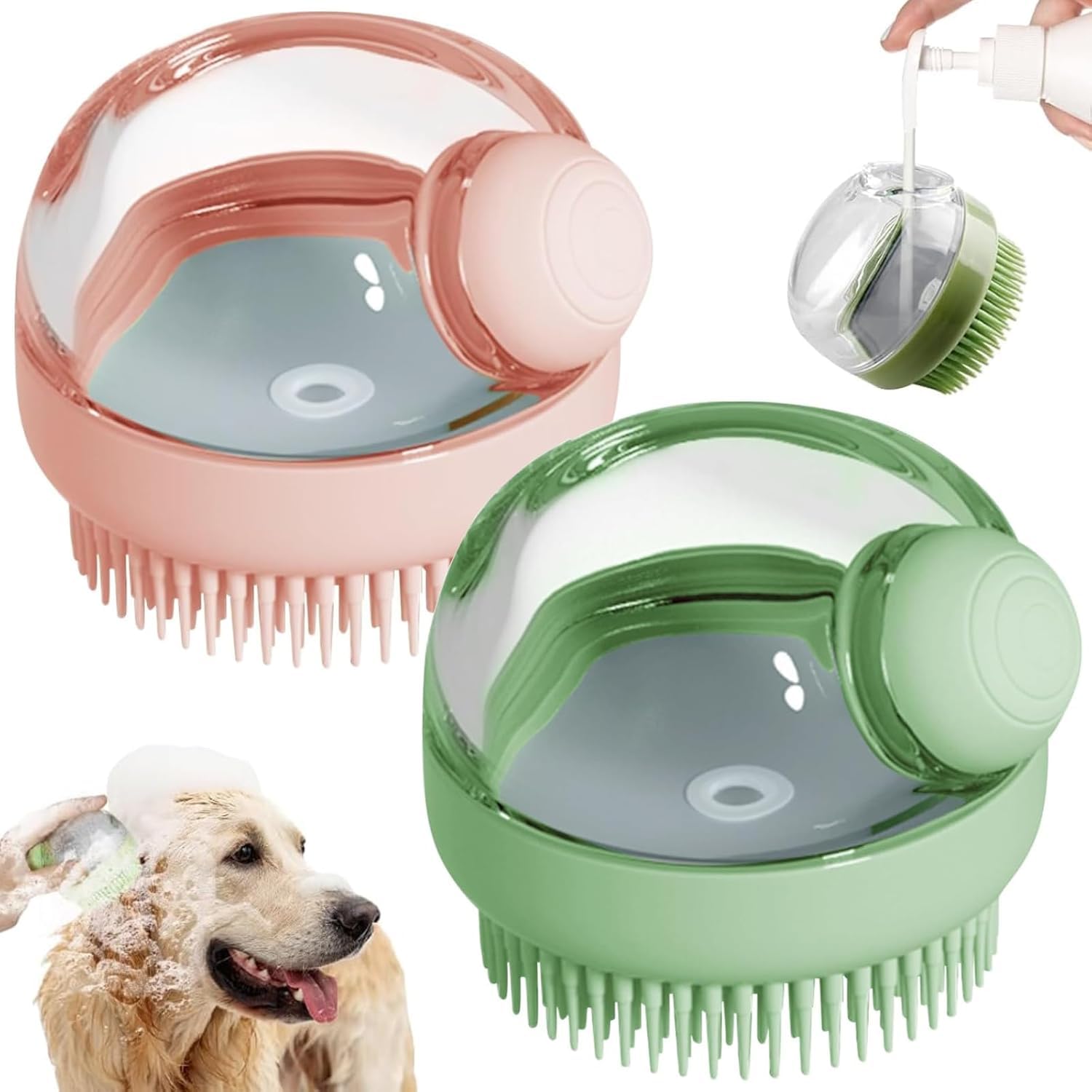 61NzWLyzQFL._SL1500_.jpg Dog Bath Scrubber Brush, 2 PCS Pet Dog Grooming Massage Shampoo Bath Brush with Soap and Shampoo Dispenser Soft Silicone Bristle for Long Short Haired Dogs Cats Shower - Image 1
