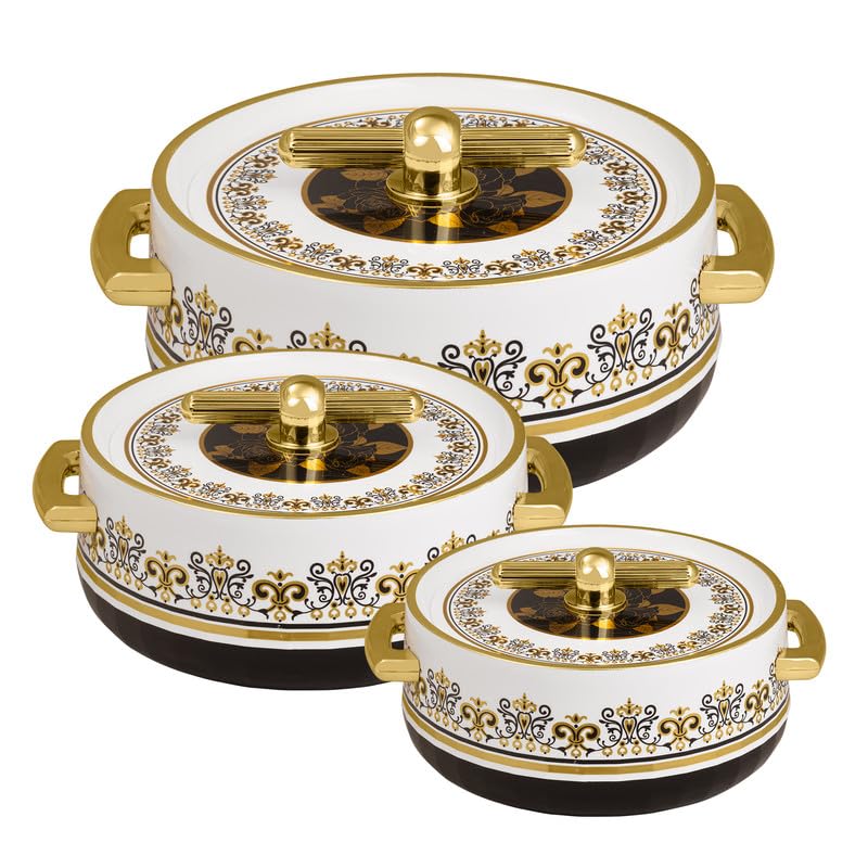 61R91qDiNPL.jpg Selvel Elegance Royal Inner Steel Casserole Set of 3 (1700ml, 1200ml, 600ml) | Insulated Hot Pot | BPA Free | Keeps Food Hot & Fresh for upto 6 Hours | Royal Coral Black - Image 1