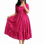 Women's Pink Bandhani Print Tiered Maxi Dress, Short Sleeve, Square Neck, Cotton