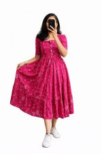 Women's Pink Bandhani Print Tiered Maxi Dress, Short Sleeve, Square Neck, Cotton