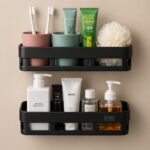 Wall Mounted Bathroom Shelf Organizer, No Drill Adhesive Storage Rack, Waterproof Plastic Shower Shelf, Kitchen & Vanity Organizer, Strong Hold, Space Saving (2bath Black)