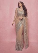 Naari Women's Brown Beige Chiku Net Gold Sequence Saree With Blouse (Soneri New 3) - Image 3