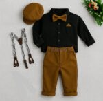 Boys Kids Formal Suspenders Outfit Set – 5-Piece Party Dress with Khaki Trousers, Black Shirt, Suspenders, Bow Tie & Cap | Suit Set For Baby Boy