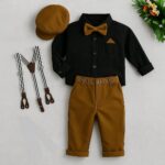 Boys Kids Formal Suspenders Outfit Set – 5-Piece Party Dress with Khaki Trousers, Black Shirt, Suspenders, Bow Tie & Cap | Suit Set For Baby Boy