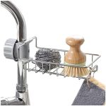 Stainless Steel Kitchen Sink Caddy Organizer, Adjustable Faucet Clamp Sponge Holder with Drainage, Multifunctional Storage Rack for Soap and Scrubber