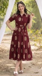 Bollyclues Women's Maroon Printed Midi Dress | Viscose Rayon Shirt Collar Dress with Waist Tie Belt | Short Sleeve Tiered A-Line Casual Summer Dress for Women - Image 5